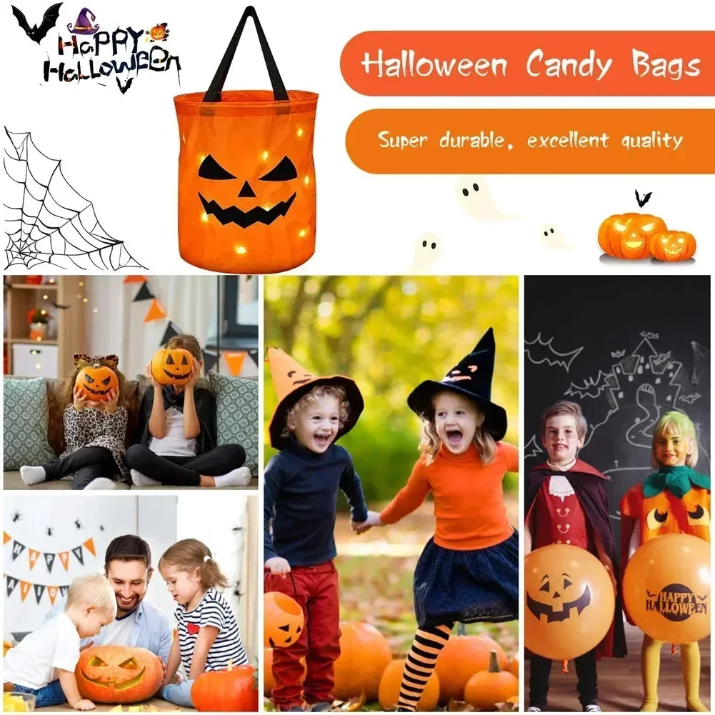 LED Glowing Pumpkin Candy Bag Reusable Halloween Christmas Treat Bag Battery Powered Light for Holiday Candy Exchange Christmas Gift by Grab & Glow