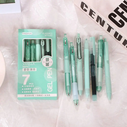 7Pcs 0.5mm Retractable Gel Pen Set Quick Dry Ink Smooth Writing Cute Stationery Gift Portable Office School Writing Supplies by Grab & Glow