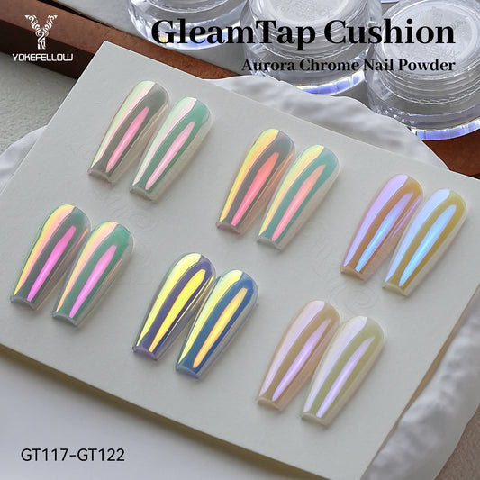 YOKEFELLOW GleamTap Cushion Aurora Chrome Nail Powder 6 Color Mermaid Aurora Effect Nail Art Glitter Decoration for Home DIY Salon Manicure GT117-GT122 by Grab & Glow