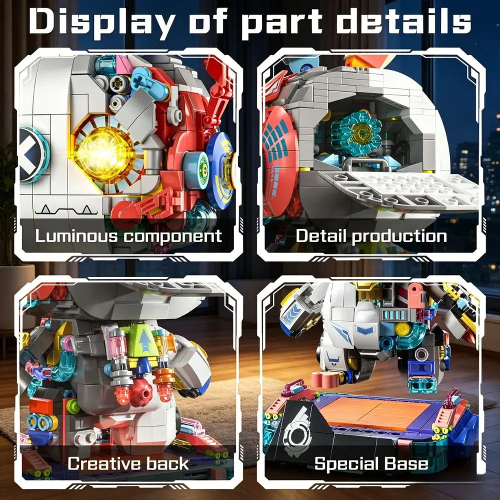 KAVOWORLD 1377PCS Robot Rabbit Building Blocks Set LED Light Up Multi-Point Rotatable Detachable Base DIY Cyberpunk Mecha Building Rabbit Bricks Kit Mechanical Bunny Construction Toy for Home Office Desk Decor Christmas Birth - Grab & Glow
