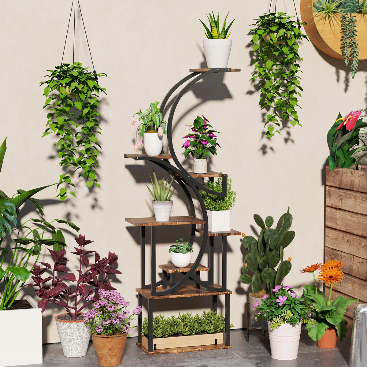 8-Tier Plant Stand, 62inch S-Shaped Plant Stands, Carbonized Treatment - Grab & Glow