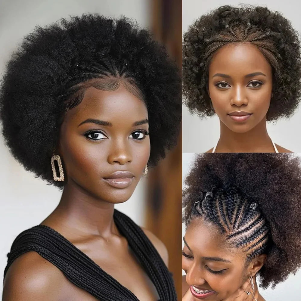 Afro Puff 13x4 Lace Frontal Human Hair With Pre Made Cornrow Braided Kinky Curly Wig With Baby HairHair Wig for Woman - Grab & Glow