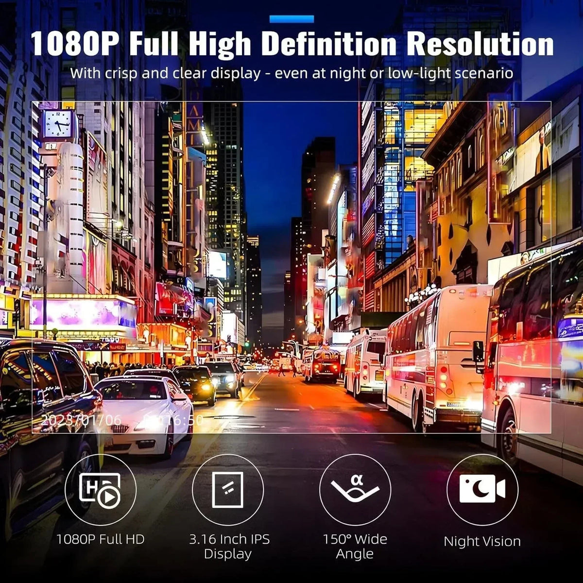 1080P HD Dual Lens Front and Rear Car Dash Cam Driving Recorder IR Night Vision G Sensor Parking Mode Motion Detection Three Point One Six Inch IPS Screen Wide Angle Loop Recording Supports One Hundred Twenty Eight GB Max H26 - Grab & Glow