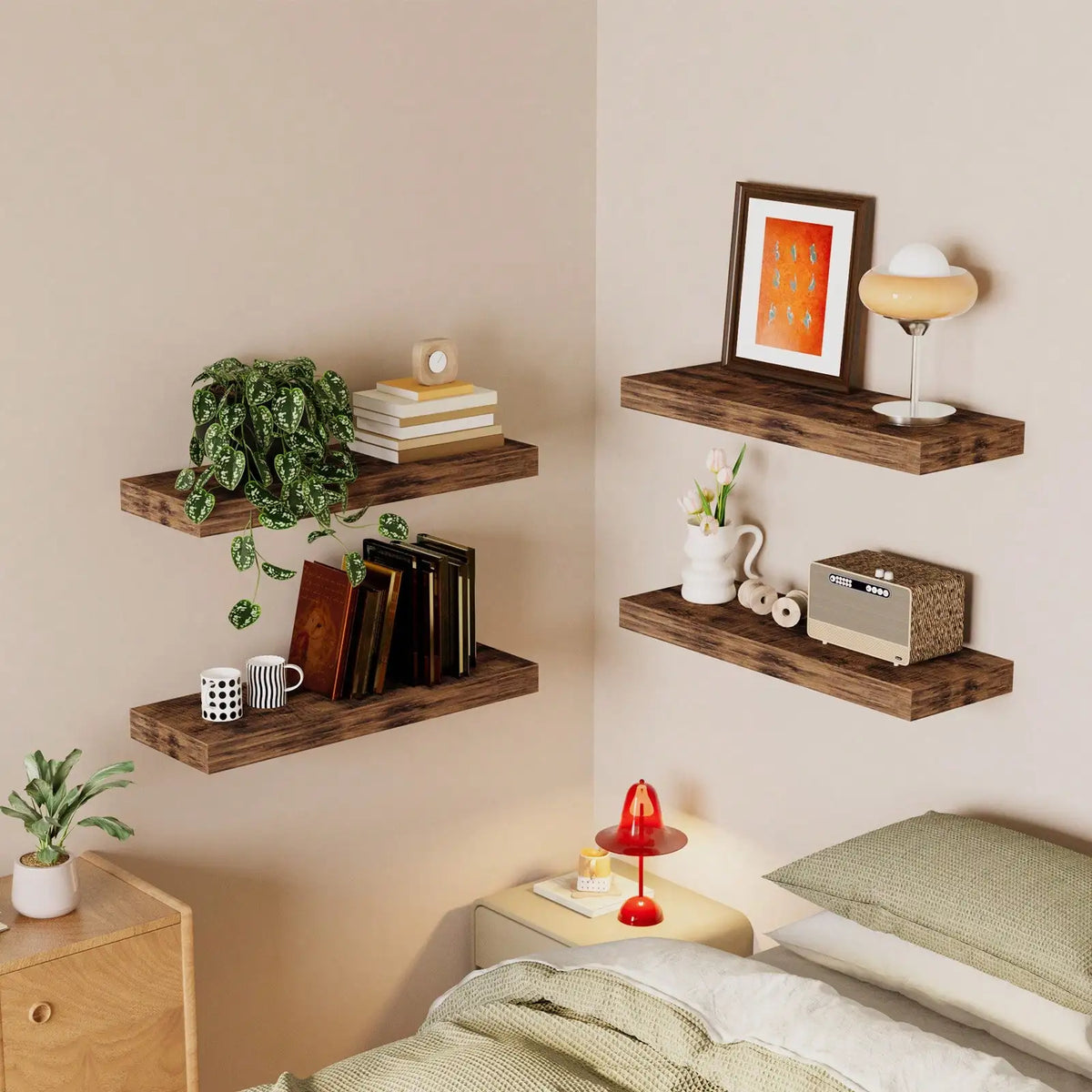 4 Pack Floating Shelves Modern Black Wood Wall Shelves Storage Shelving Unit With Invisible Metal Brackets Display Rack For Bathroom Living Room Bedroom Kitchen Housewarming Gift by Grab & Glow