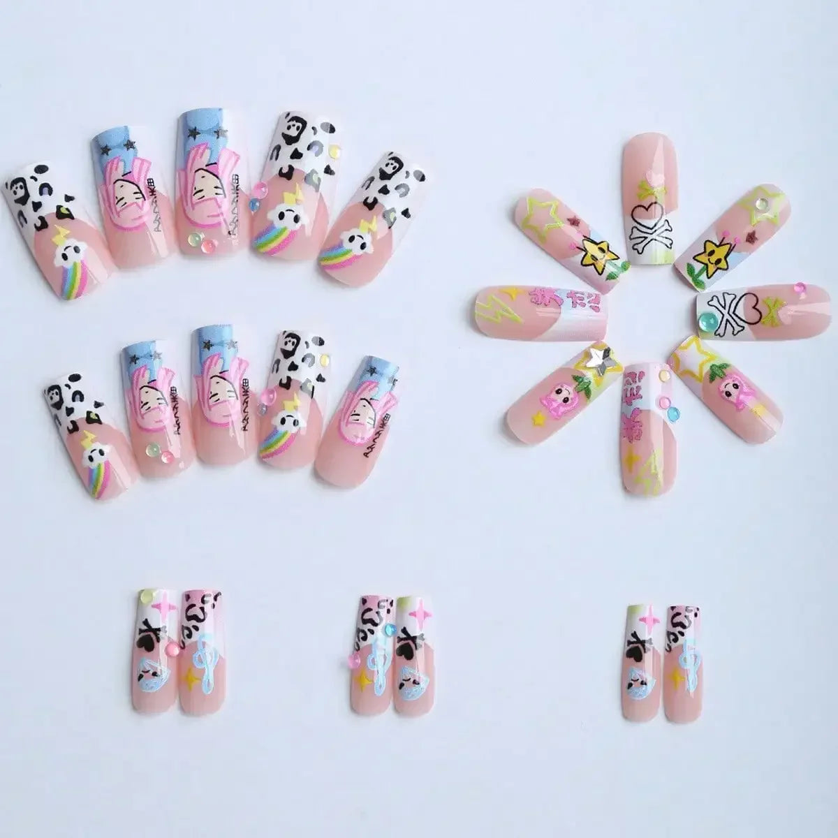 24Pcs Y2K Japanese Cartoon Girl Rainbow Long Press On Nails, Cute Reusable Wearable Nails For Daily by Grab & Glow