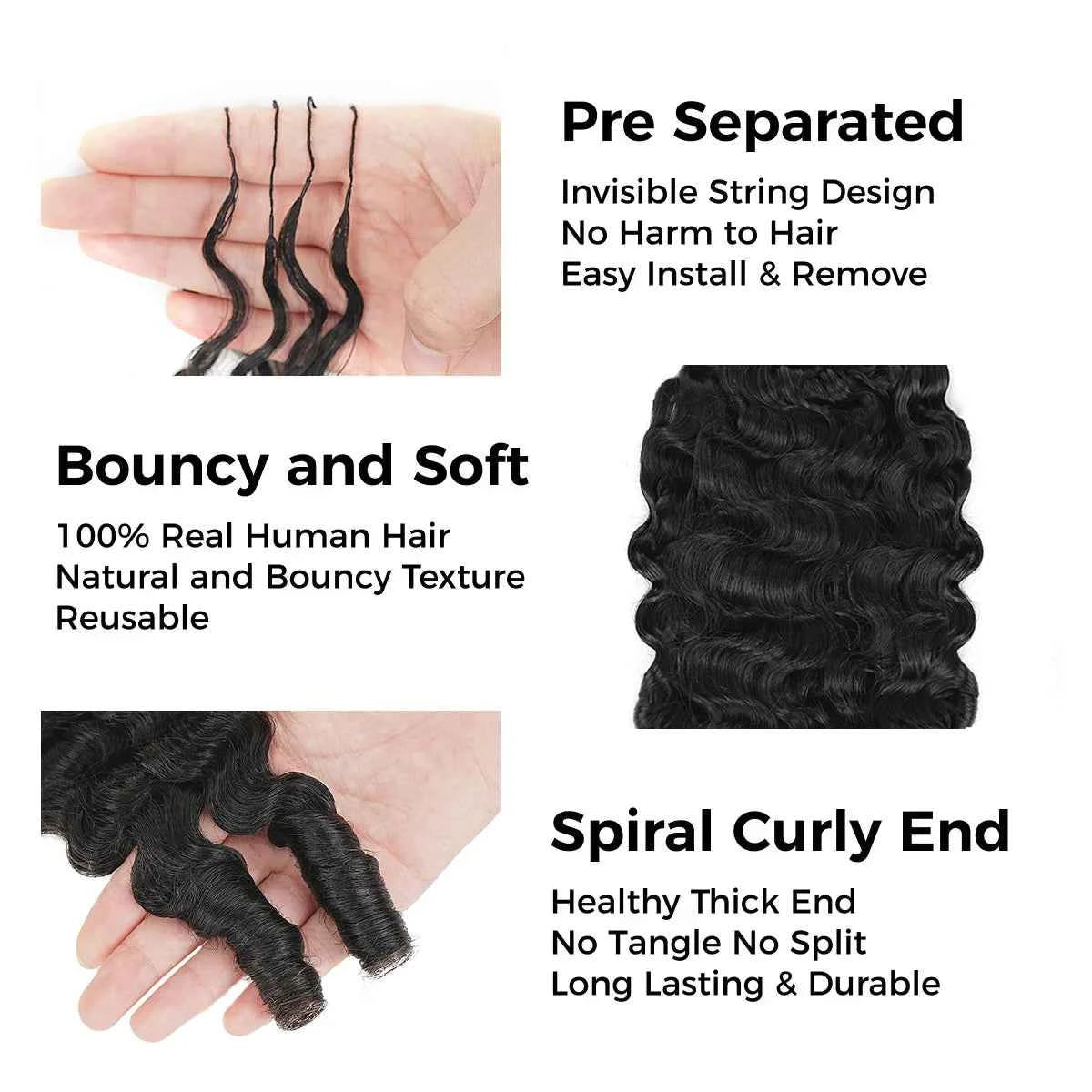 Burmese Curly Feather Crochet Human Hair Extensions Pre Looped For Black Women Pre Separated Knotless Hair For Braiding - Grab & Glow