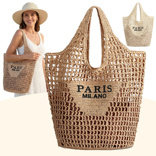 Straw Beach Bags for Women - Women Beach Handmade Woven Tote Bag, Summer Mesh Hollow Shoulder Bag for Holiday by Grab & Glow