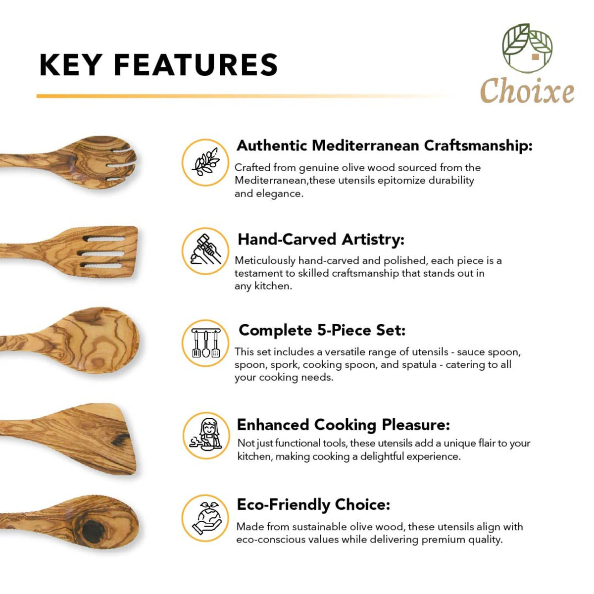 Olive Wood Kitchen Servers Set -5 pcs - Grab & Glow