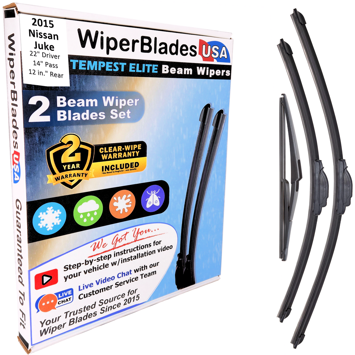 2015 Nissan Juke Wiper Blades w/2yr Wear Warranty (Set of 3) w/Rear Beam Wipers - Grab & Glow