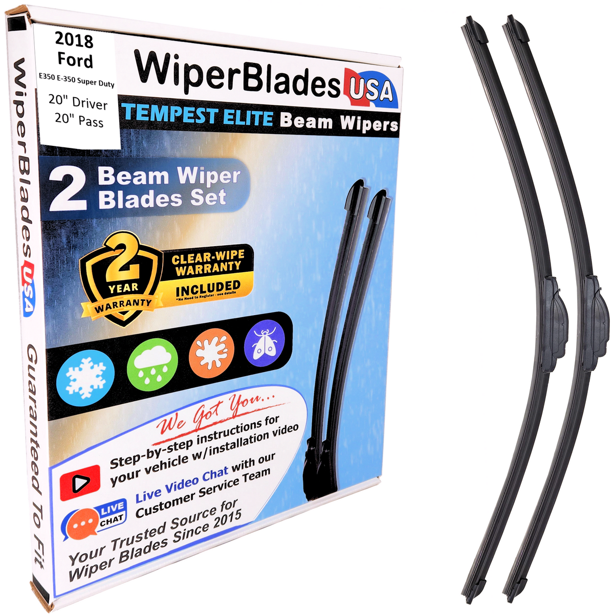 2018 Ford E350 E-350 Super Duty Wiper Blades w/2yr Warranty (Set of 2) Wipers - Grab & Glow