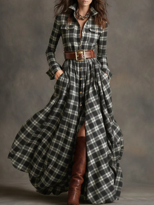 Plaid Print Long-Sleeve Shirt Dress - Grab & Glow