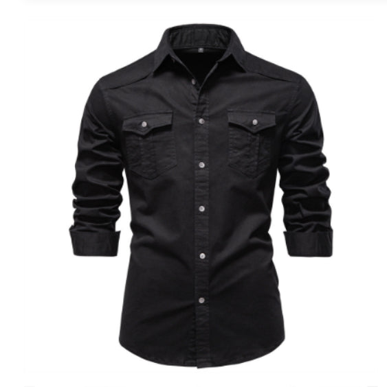 Men's Long-sleeved Denim Shirt Casual Solid Button Slim Tops Clothing - Grab & Glow