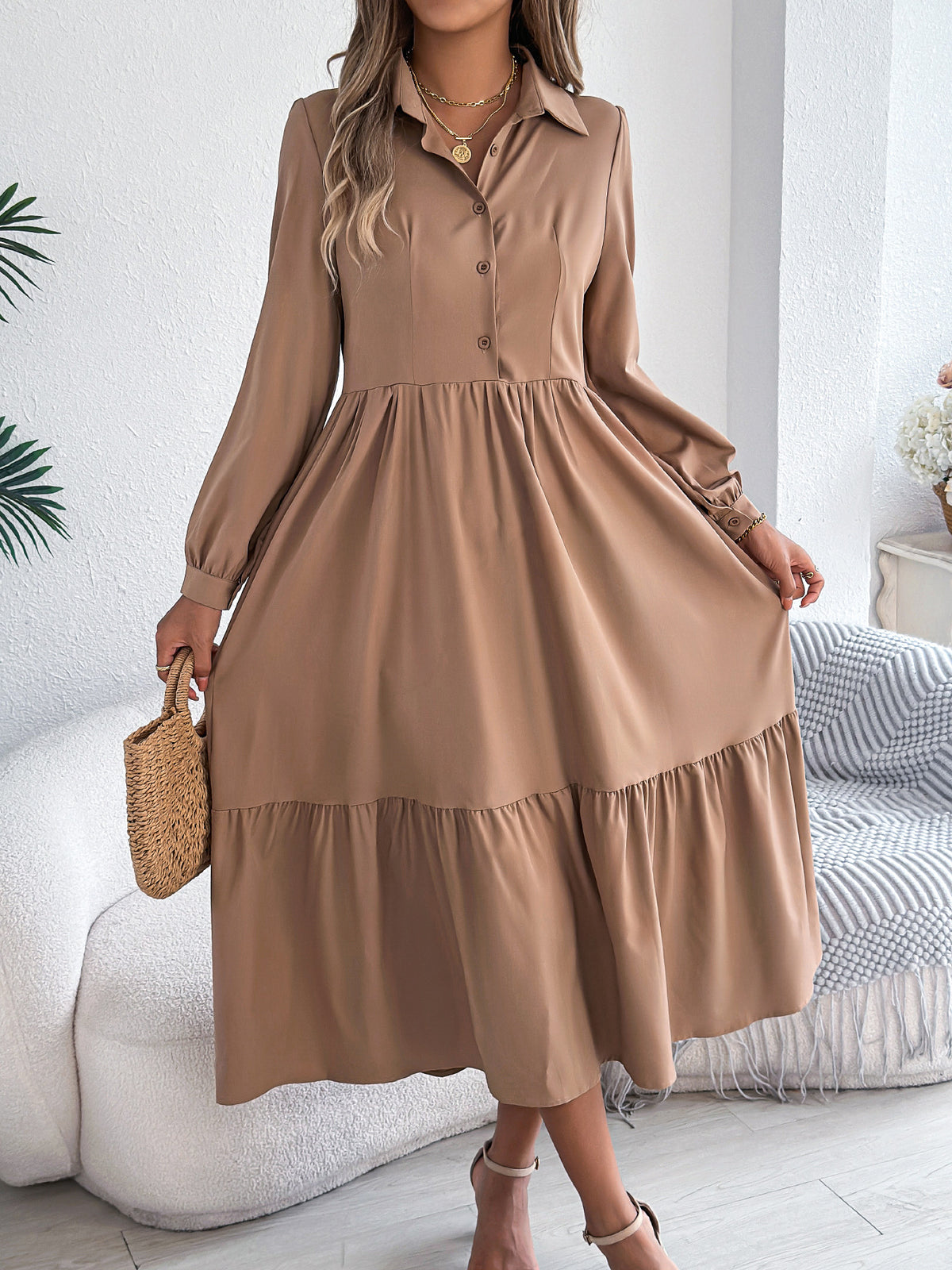 Women's Lapel Casual Loose Long Sleeve Ruffled Shirt Dresses Long Sleeved Turn-down Collar Single-Breasted Dress Spring Autumn Fashion Women's Clothing For Vacation - Grab & Glow