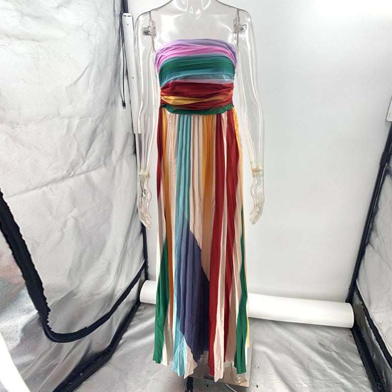 Women's Sexy Tube Top Backless Printed Color Swing Maxi Dress - Grab & Glow