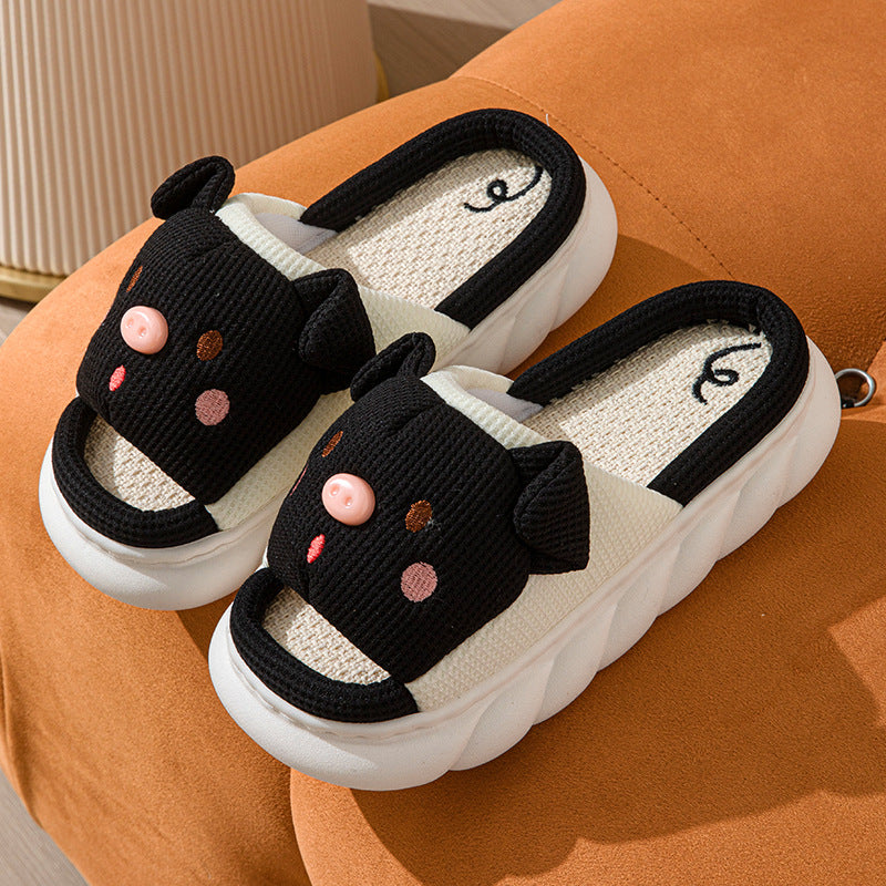 Cute Piggy Slippers Open Toe Linen Home Slipper Couples Women Men Cartoon Pig House Shoes - Grab & Glow
