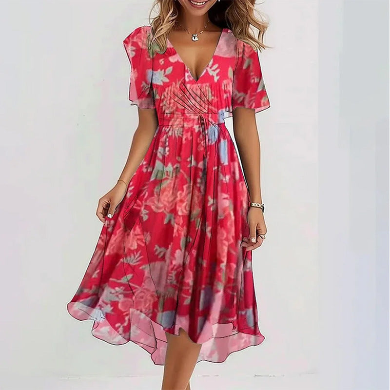 Flowers Printed V-neck Dress Summer A-line Short-sleeved Dresses For Women - Grab & Glow