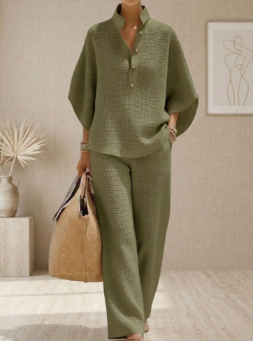 Women's Short-sleeved Suit Summer Loose Pullover Top And Straight-leg Trousers Outfit Clothing - Grab & Glow