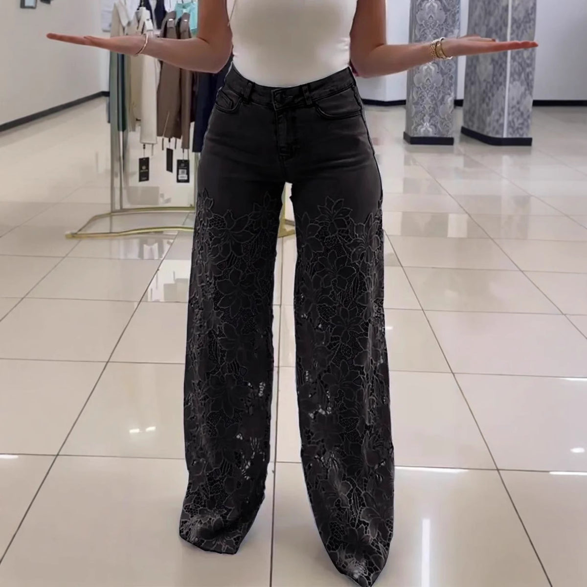 Y2K Lace Flowers Hollow Jeans Fashion High Waist Straight Wide Leg Pants Solid Color Trousers Women's Clothing - Grab & Glow