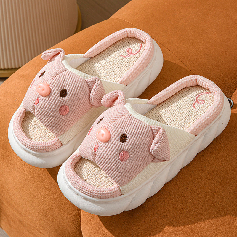Cute Piggy Slippers Open Toe Linen Home Slipper Couples Women Men Cartoon Pig House Shoes - Grab & Glow