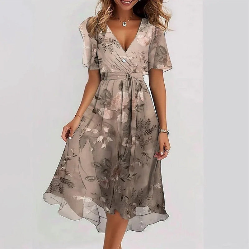 Flowers Printed V-neck Dress Summer A-line Short-sleeved Dresses For Women - Grab & Glow