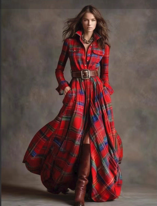 Ins Plaid Print Long-Sleeved Dress Fashion Pockets Collared Buttons Shirt Long Dresses Retro Women's Clothing - Grab & Glow