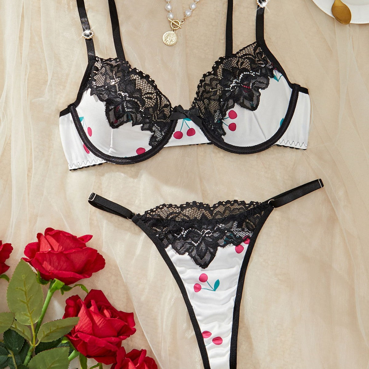 Lace Sexy Mesh Top And Thong Set - Grab & Glow