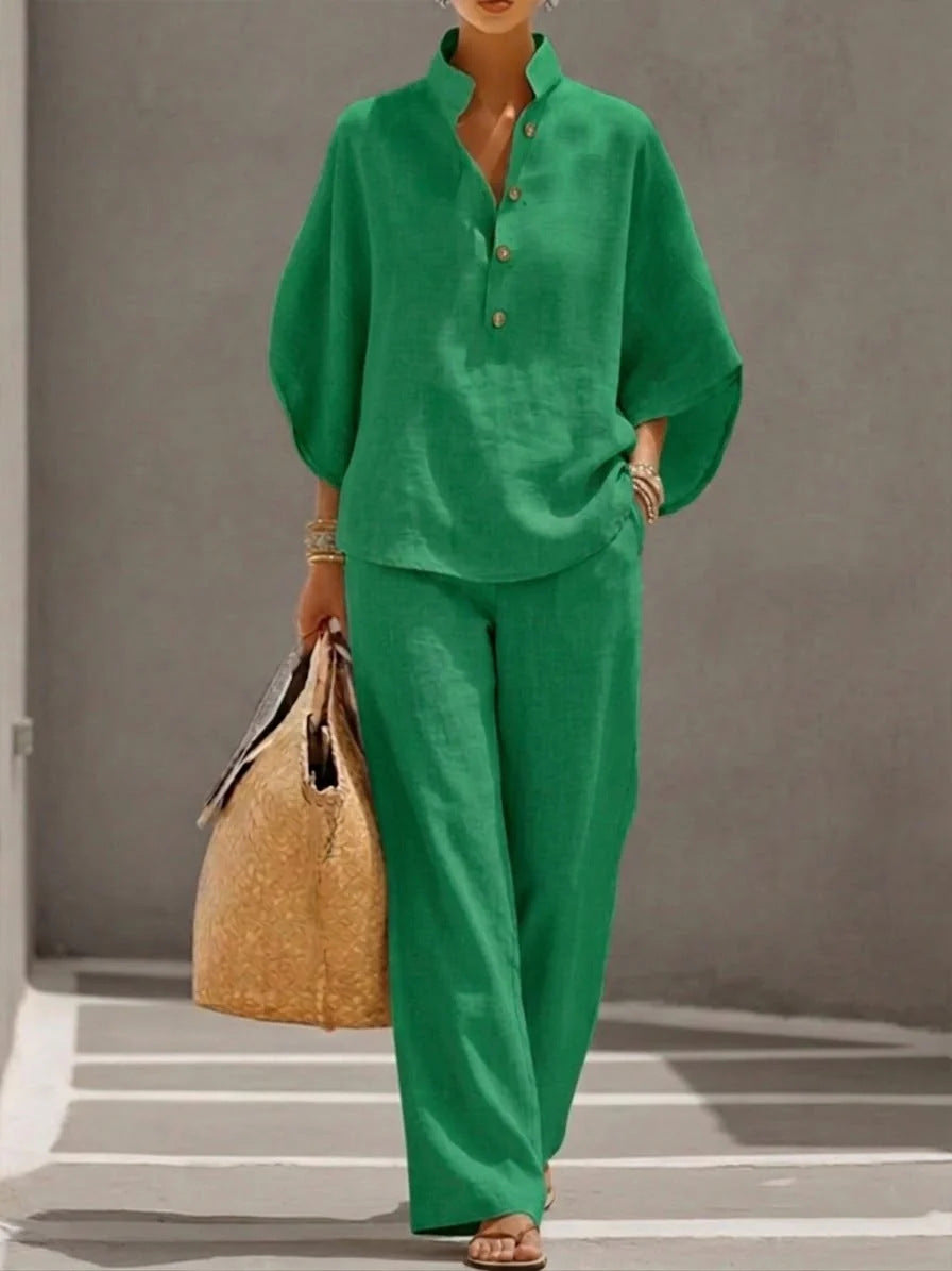 Women's Short-sleeved Suit Summer Loose Pullover Top And Straight-leg Trousers Outfit Clothing - Grab & Glow