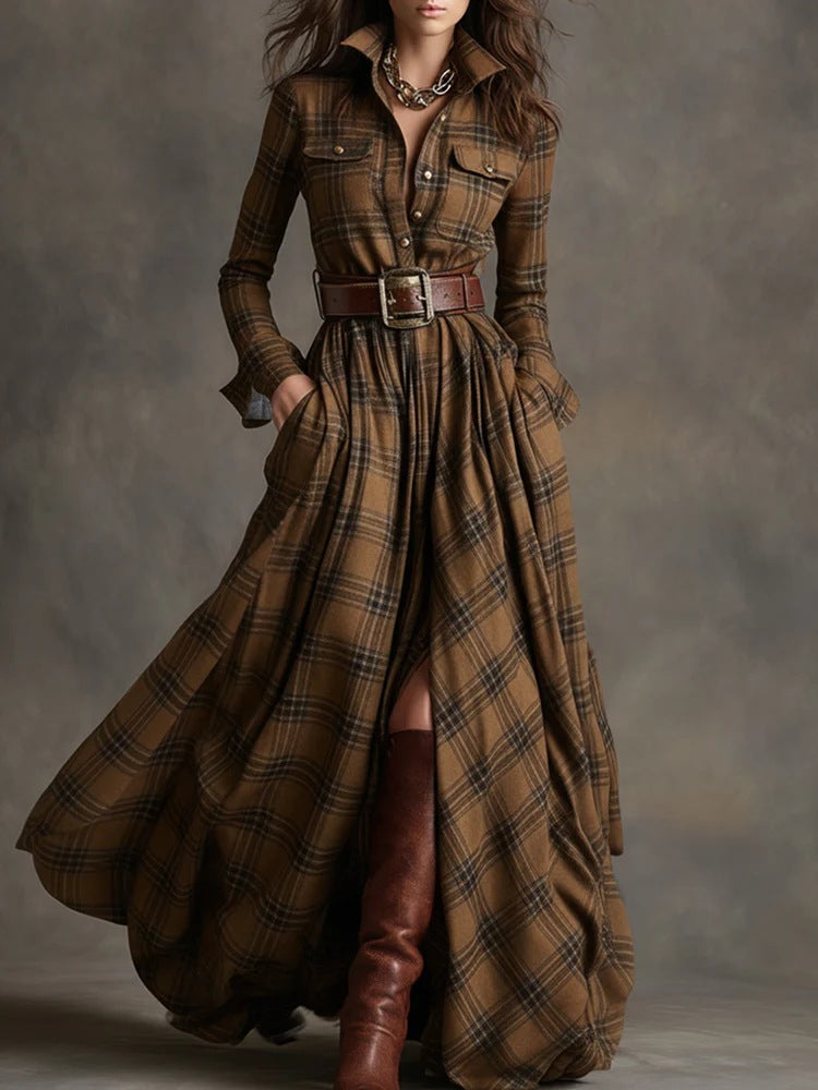 Plaid Print Long-Sleeve Shirt Dress - Grab & Glow