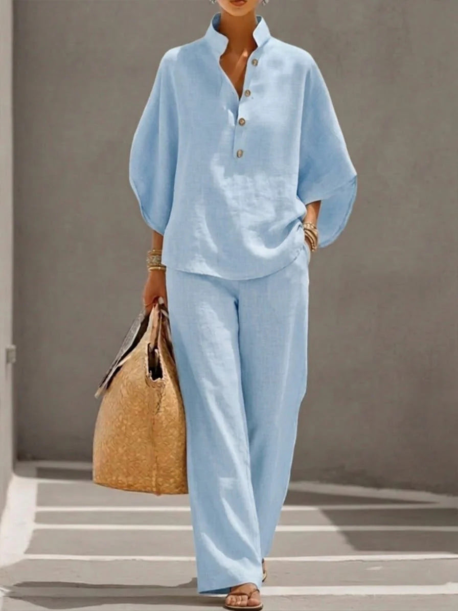 Women's Short-sleeved Suit Summer Loose Pullover Top And Straight-leg Trousers Outfit Clothing - Grab & Glow