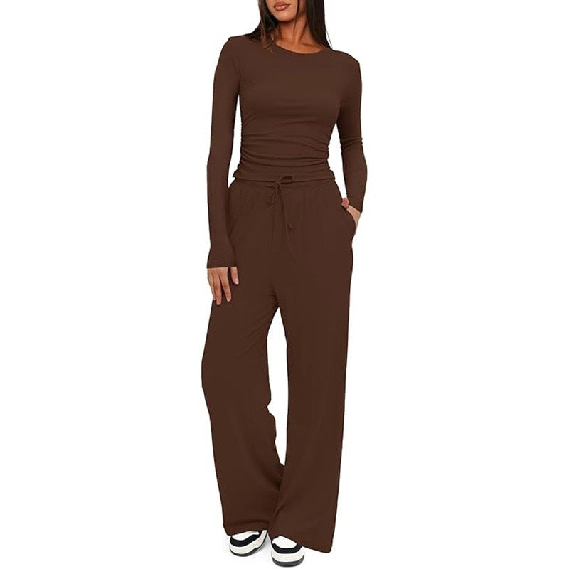 2 Pieces Women's Suit Autumn Winte Long Sleeve Tops High Waisted Wide Leg Pants Sportswear Female Clothes Solid Color Casual Suit - Grab & Glow