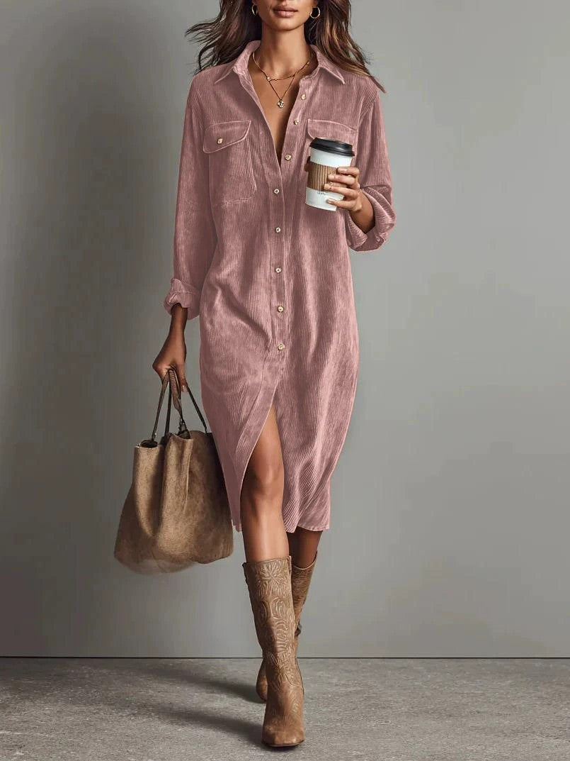 Long Sleeve Turn-Down Collar Button Dress - Grab & Glow