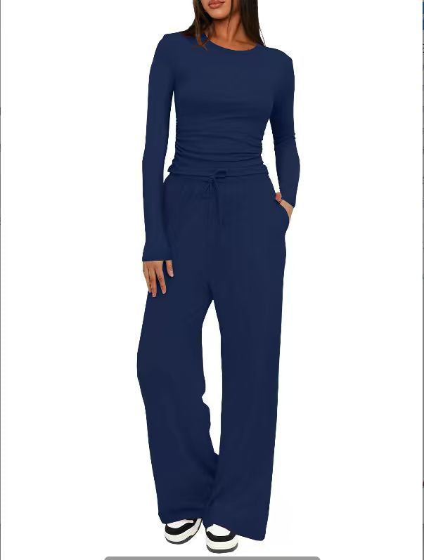 2 Pieces Women's Suit Autumn Winte Long Sleeve Tops High Waisted Wide Leg Pants Sportswear Female Clothes Solid Color Casual Suit - Grab & Glow
