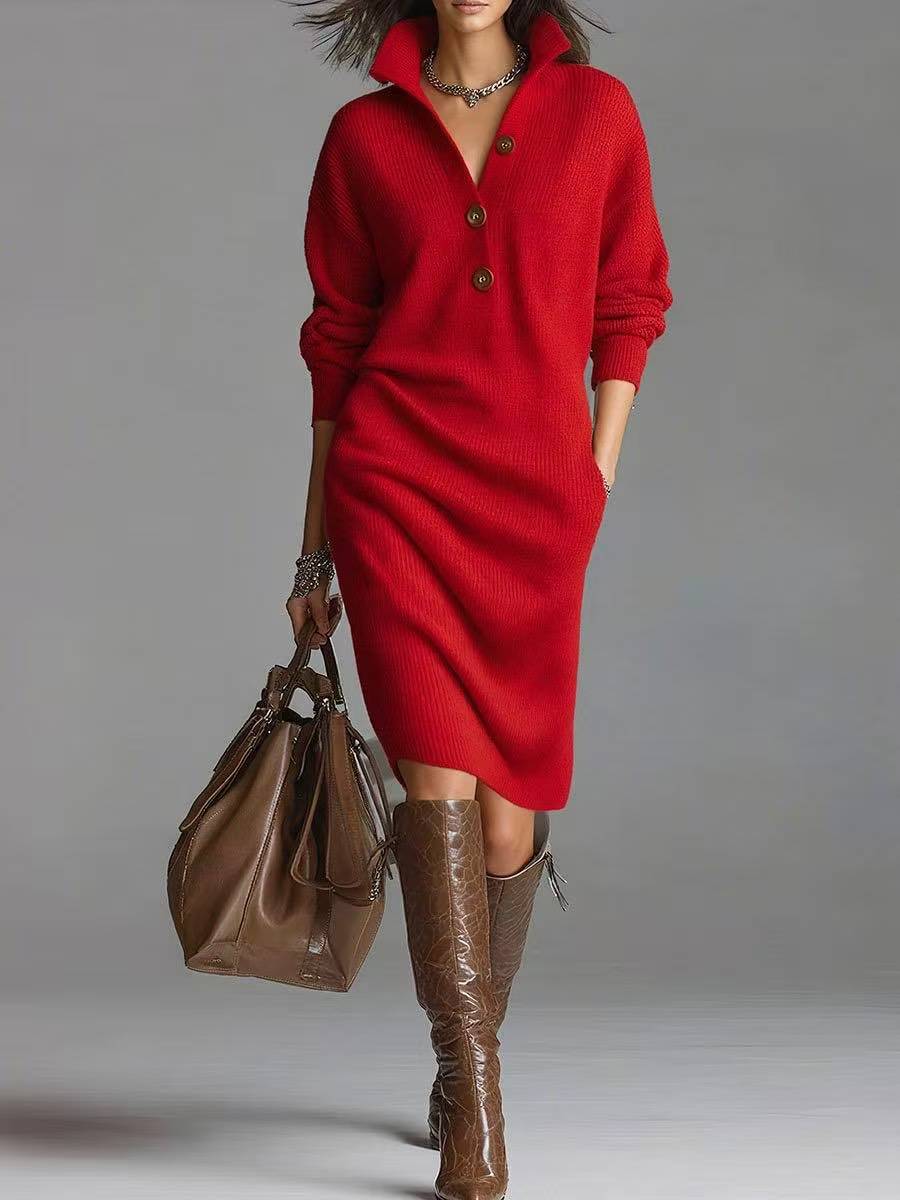 Long-sleeved Sweater Dress Fashion Warm Stand-up Collar V-neck Button Pullover Dresses Winter Casual Commuting Women's Clothing - Grab & Glow