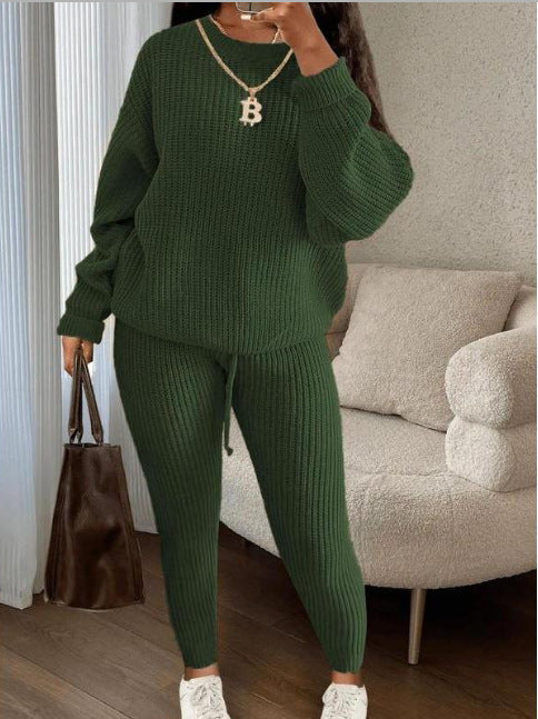 Winter Ribbed Knit Suits Fashion Loose Pullover Sweater Top And Drawstring Pants For Women Trouser Set Clothing - Grab & Glow