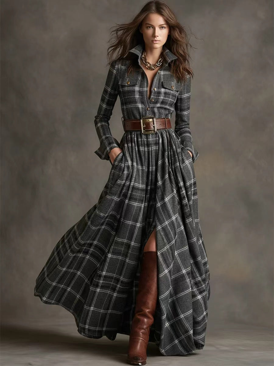 Plaid Print Long-Sleeve Shirt Dress - Grab & Glow