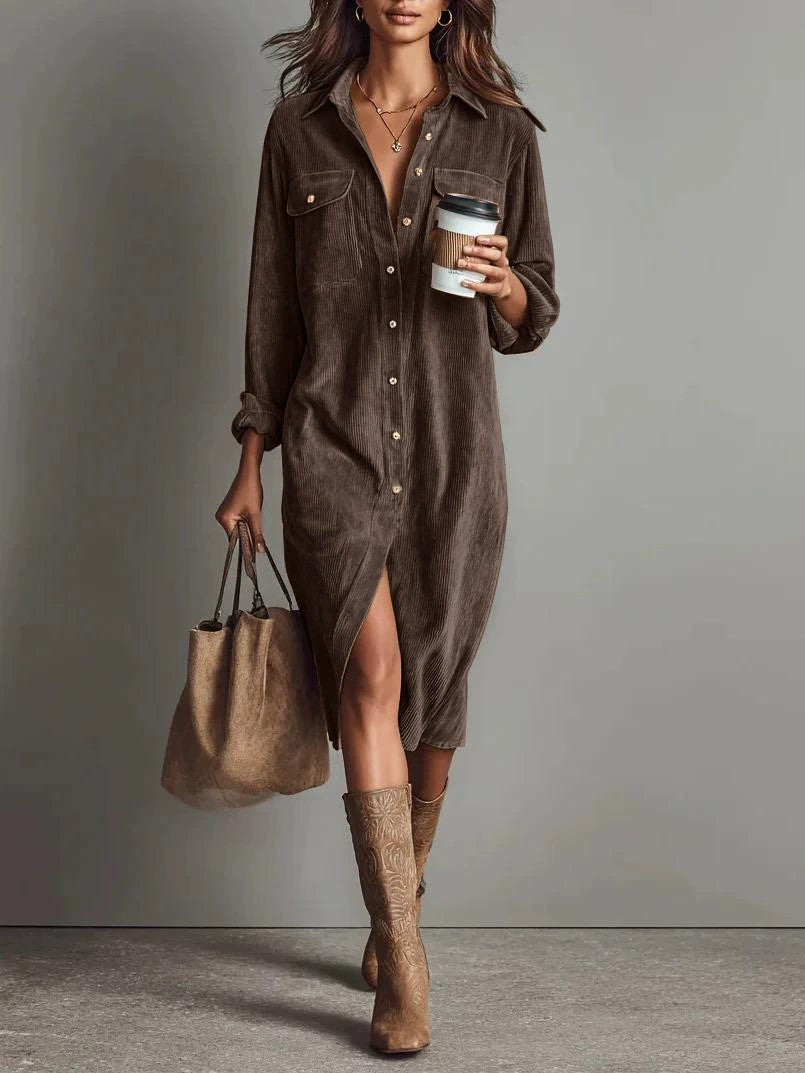 Turn-Down Collar Buttons Chic Casual Dress, Women Spring Autumn Solid Simple Party Dress, Long Sleeve Holiday Ladies Dress - Grab & Glow