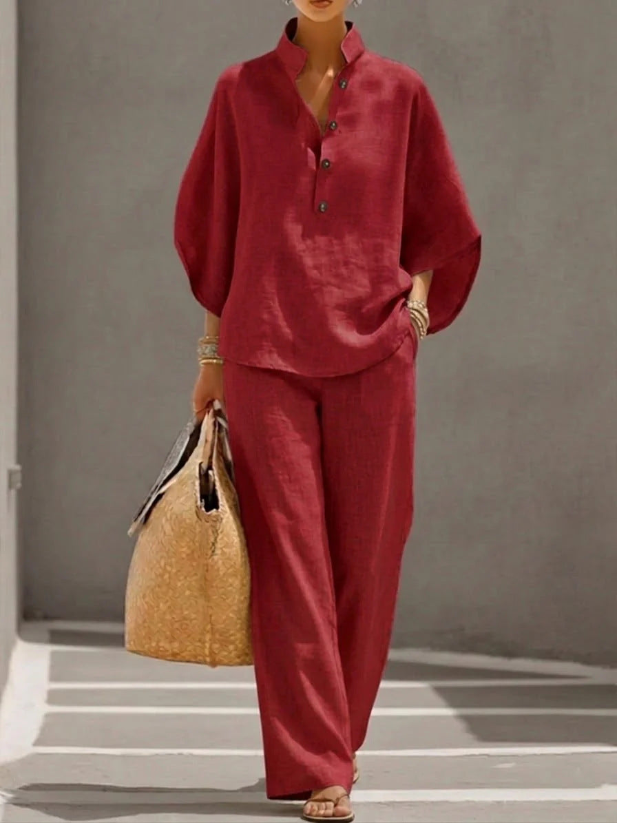 Women's Short-sleeved Suit Summer Loose Pullover Top And Straight-leg Trousers Outfit Clothing - Grab & Glow