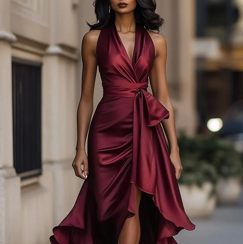 Elegant Deep V-neck Irregular Women's Ruffled Ruffled Evening Dress Gowns Solid Color Lace-up High Waist Satin Party Dresses Wedding Guests Dress - Grab & Glow