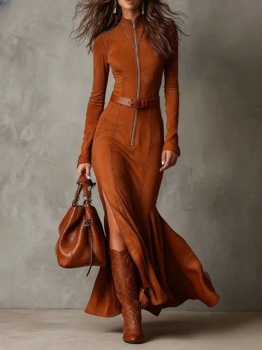 Slim Zipper Dress Elegant Temperament Split Long-sleeved Dresses Cowboy Fashion Retro Women's Clothing - Grab & Glow