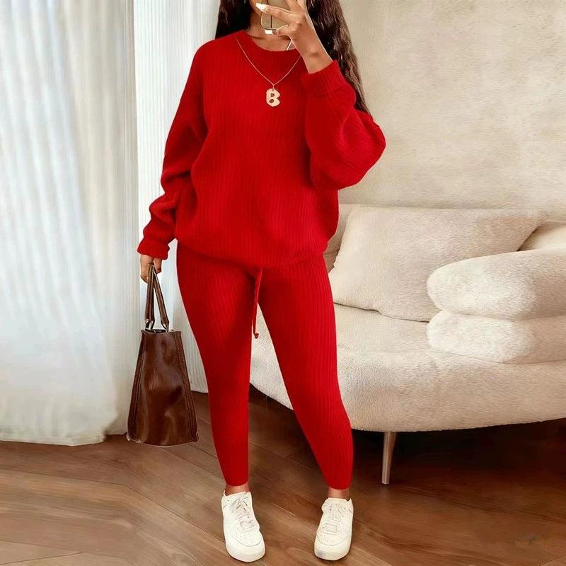 Winter Ribbed Knit Suits Fashion Loose Pullover Sweater Top And Drawstring Pants For Women Trouser Set Clothing - Grab & Glow