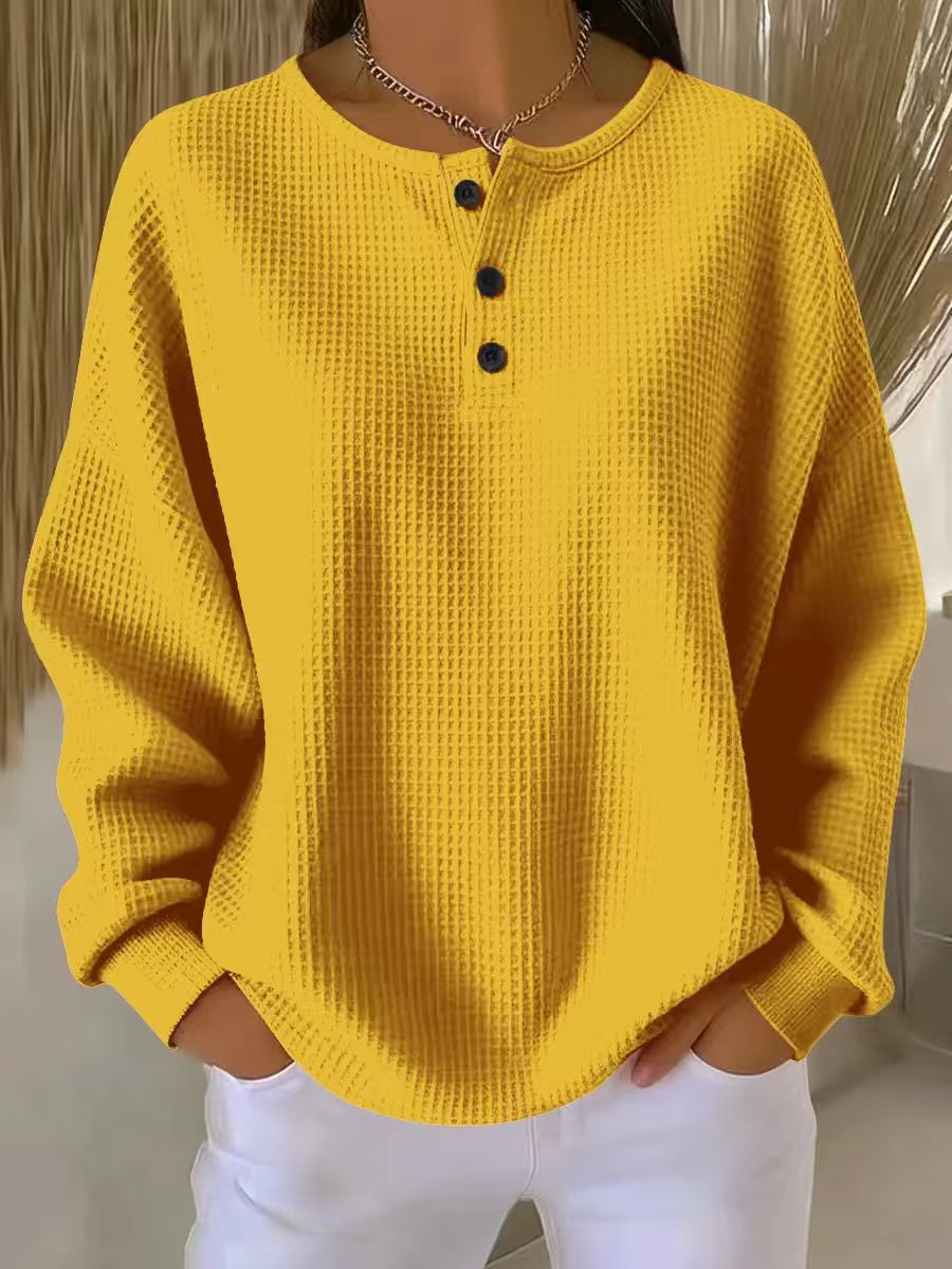 Ins Waffle Long-sleeved T-shirt Fashion Solid Color Buttons Round Neck Pullover Top Women's Clothing - Grab & Glow