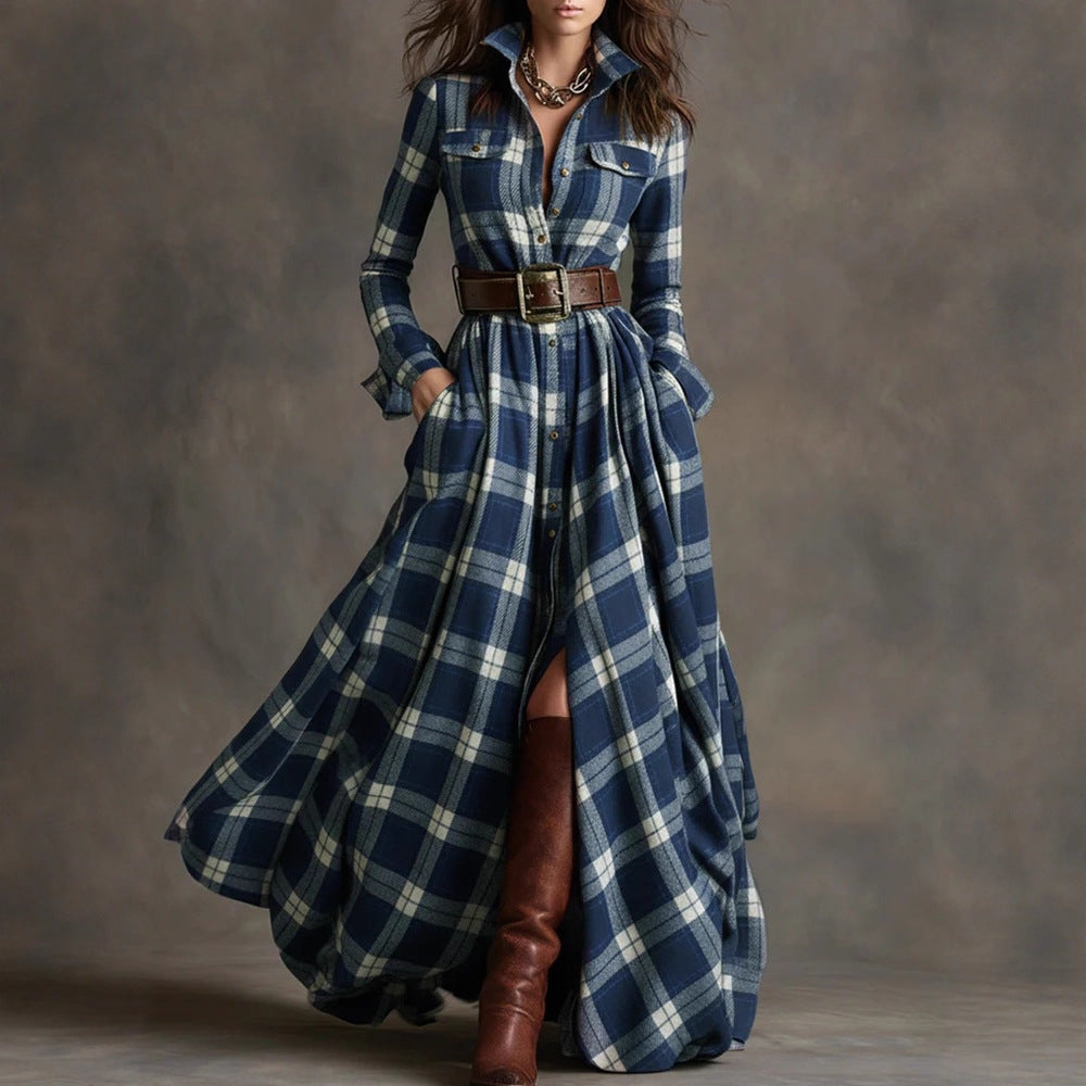 Plaid Print Long-Sleeve Shirt Dress - Grab & Glow