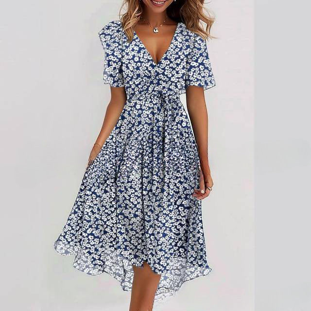 Flowers Printed V-neck Dress Summer A-line Short-sleeved Dresses For Women - Grab & Glow