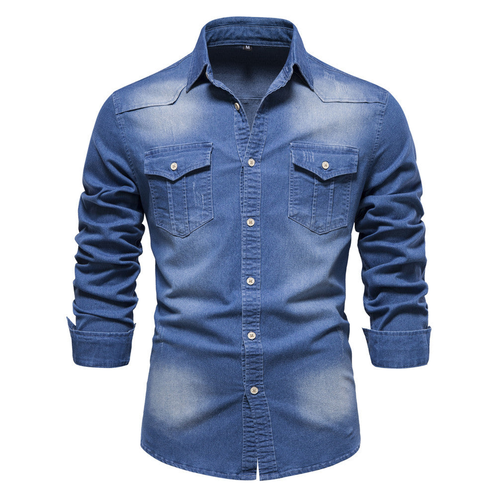 Men's Long-sleeved Denim Shirt Casual Solid Button Slim Tops Clothing - Grab & Glow