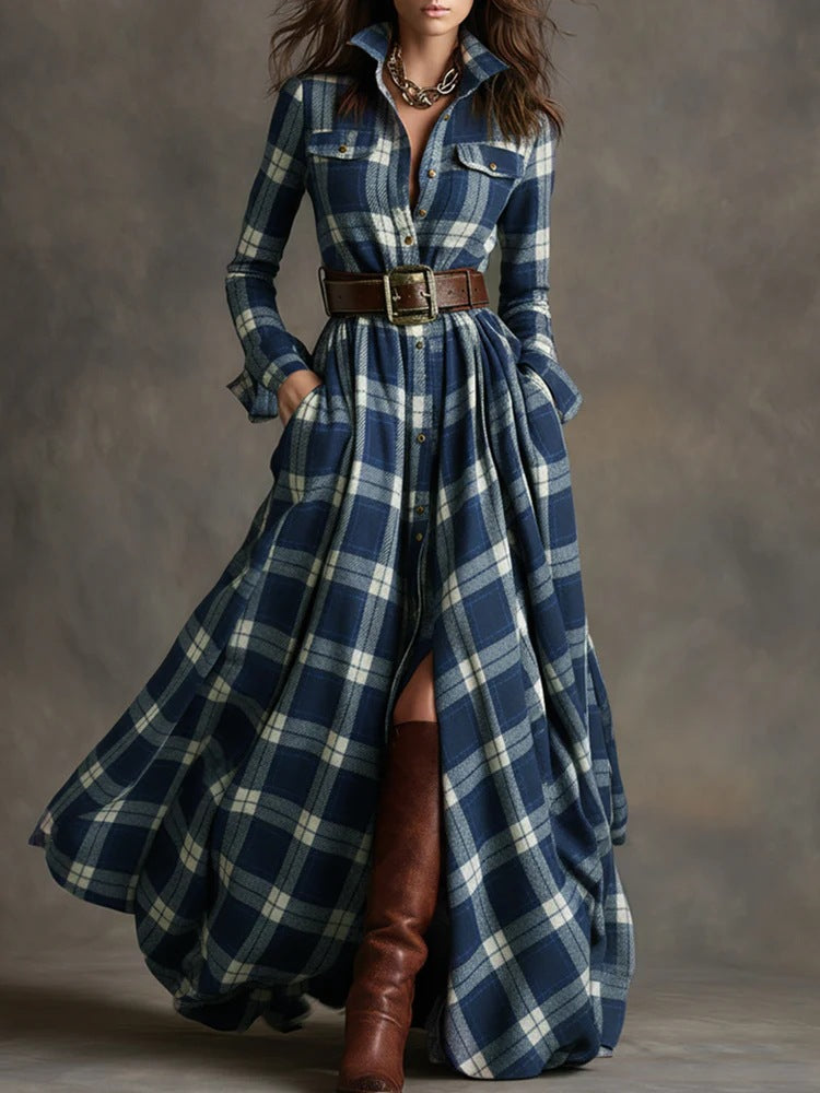 Plaid Print Long-Sleeve Shirt Dress - Grab & Glow