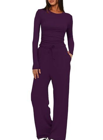 2 Pieces Women's Suit Autumn Winte Long Sleeve Tops High Waisted Wide Leg Pants Sportswear Female Clothes Solid Color Casual Suit - Grab & Glow