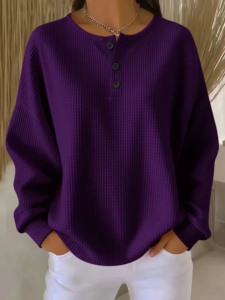Ins Waffle Long-sleeved T-shirt Fashion Solid Color Buttons Round Neck Pullover Top Women's Clothing - Grab & Glow