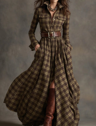 Plaid Print Long-Sleeve Shirt Dress - Grab & Glow