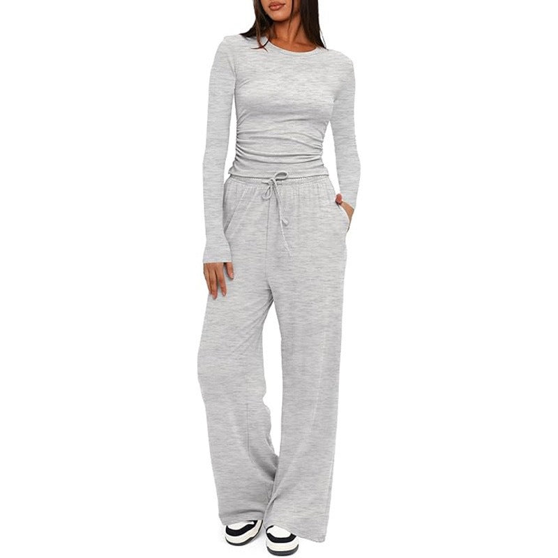 2 Pieces Women's Suit Autumn Winte Long Sleeve Tops High Waisted Wide Leg Pants Sportswear Female Clothes Solid Color Casual Suit - Grab & Glow