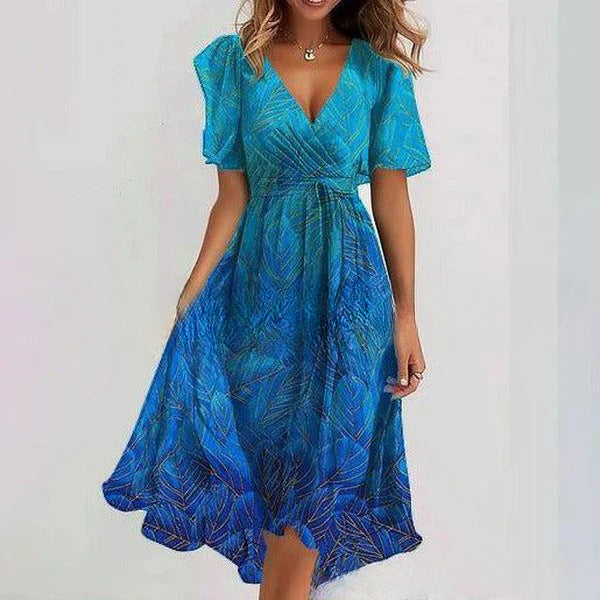 Flowers Printed V-neck Dress Summer A-line Short-sleeved Dresses For Women - Grab & Glow